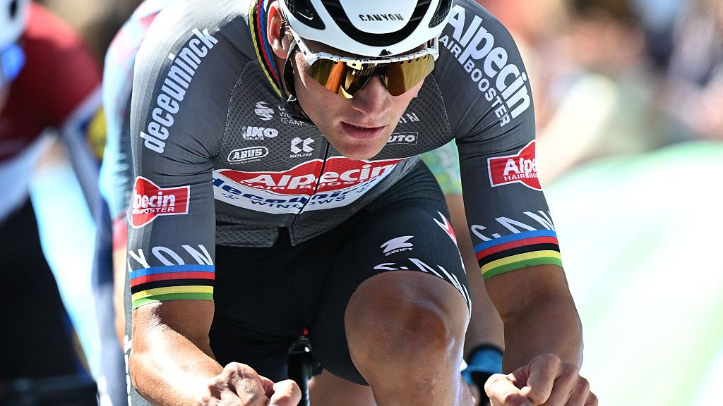 Alpecin-Deceuninck's Dutch rider Mathieu van der Poel competes during the fifth and last stage of the 'Renewi Tour' cycling race, 185 km from and to Leuven, on August 24, 2025. (Photo by DAVID PINTENS / Belga / AFP) / Belgium OUT