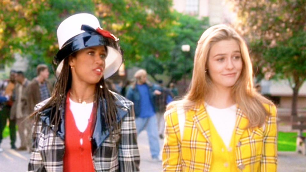 Still shot from the movie "Clueless". Stacey Dash (as Dionne Davenport), and Alicia Silverstone (as Cher Horowitz). Theatrical wide release, Friday, July 21, 1995. Screen capture. Paramount Pictures.