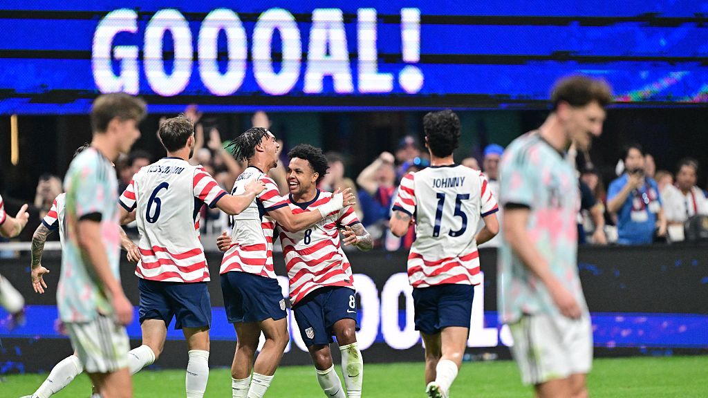 US's Weston McKennie celebrates after scoring during a friendly soccer game between the United States national team and Belgian national soccer team Red Devils in Atlanta, on Saturday 28 March 2026, in preparation for the 2026 World Cup.