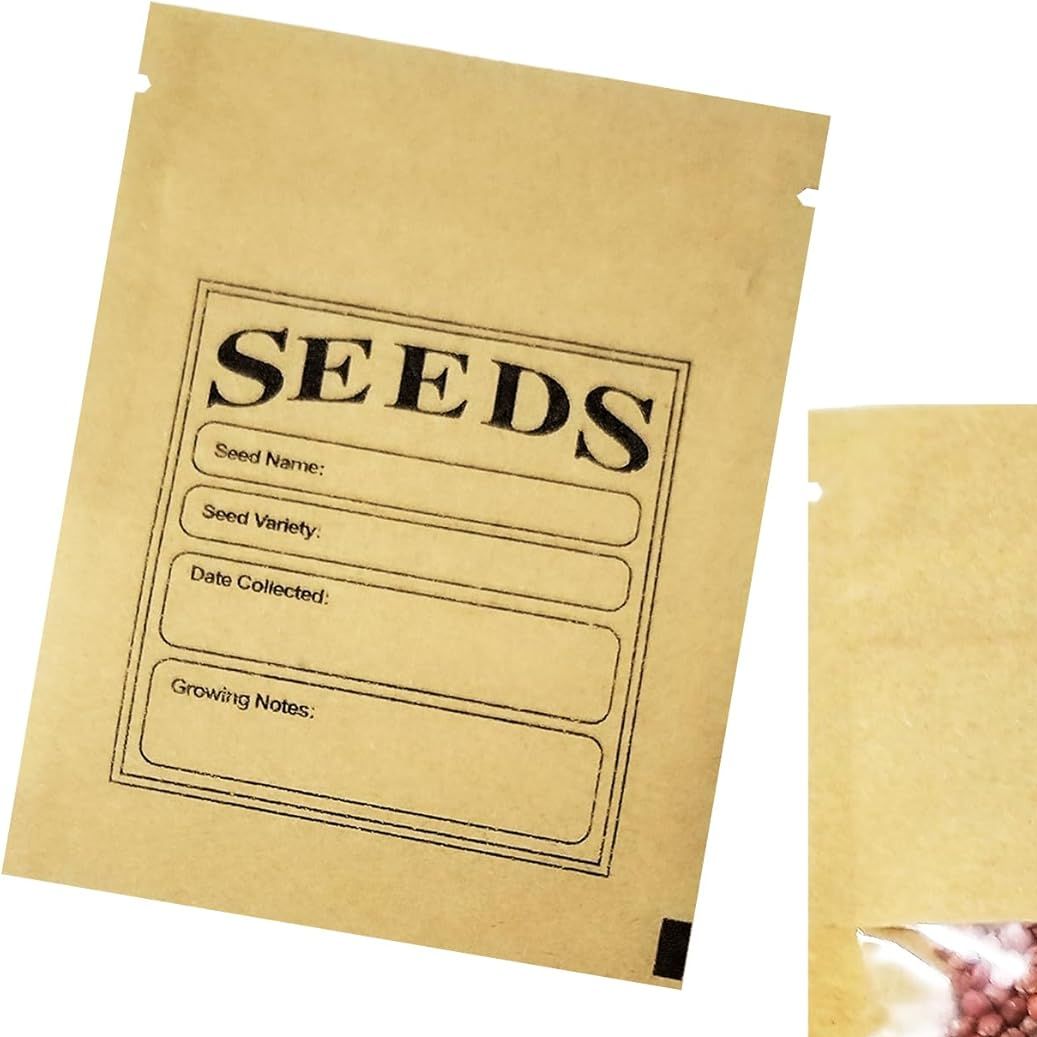 Pabck 100 Pack Small Resealable Seed Envelopes With Clear Window 2.7x3.7inch Brown Kraft Paper Packet With Preprinted Seed Collecting Template for Seed Flower Vegetable Plants Garden Storage Packaging