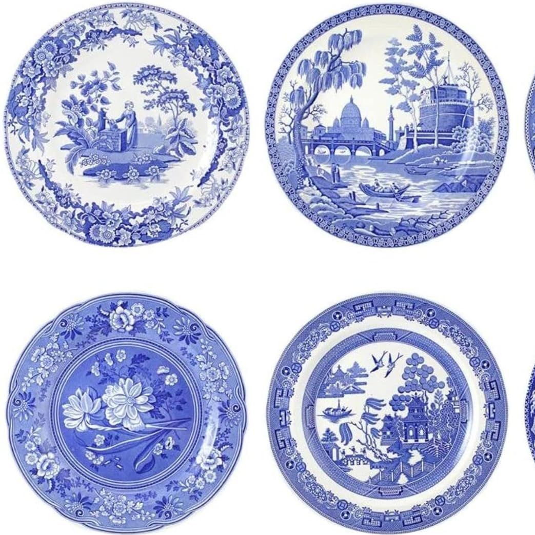 Spode Blue Room Georgian Plate Set, Set of 6 - Decorative 10.5-Inch Earthenware Plates Featuring Botanical &amp;amp; Historic Designs - Vintage Dinnerware Set for Dining or Display - Made in England