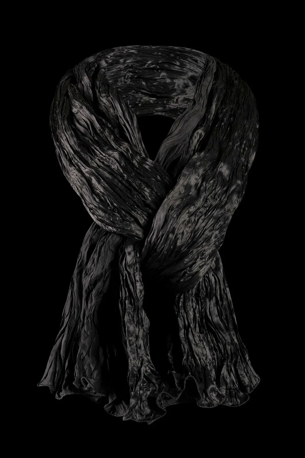 Fortuny, Crinkled Crepe Satin Black Silk Scarf