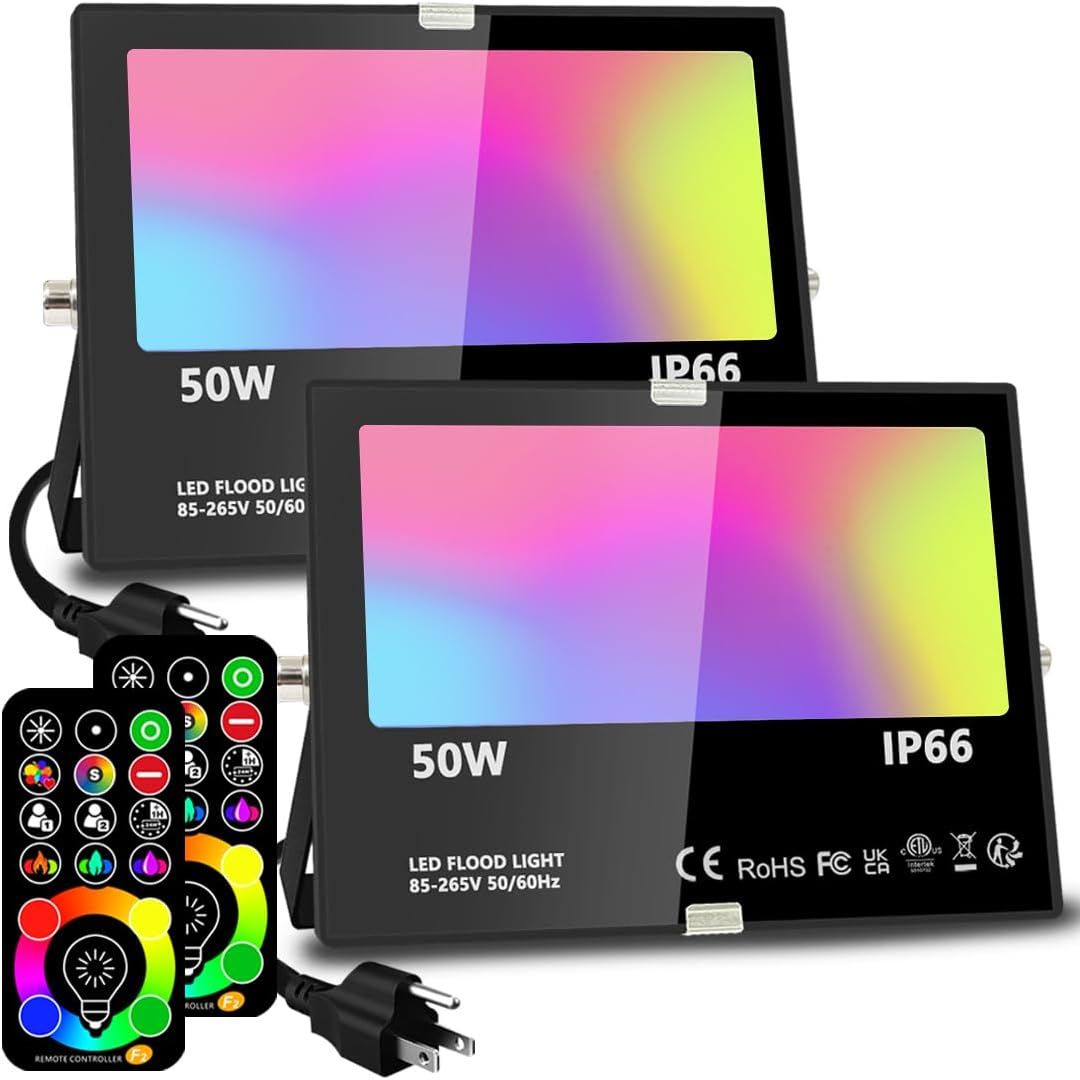 Melpo Led Flood Light 500w Equivalent, Rgbw Led Outdoor Lights Colored Floodlight With Remote,50w,5000ml 2700k,120 Colors, Timing, Dimmable, Custom Modes, Landscape Lighting (2 Pack)
