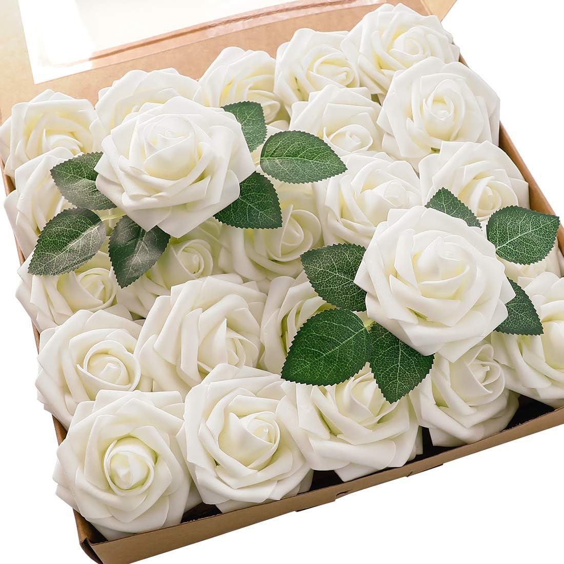 Floroom Artificial Flowers 25pcs Real Looking Ivory Foam Fake Roses With Stems for Diy Wedding Bouquets White Bridal Shower Centerpieces Arrangements Party Tables Decorations