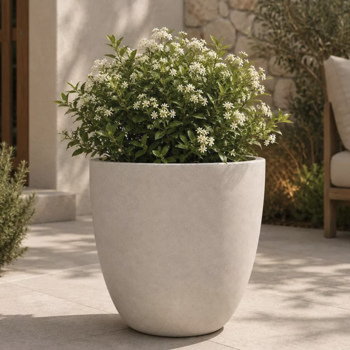 stone colored plant pot