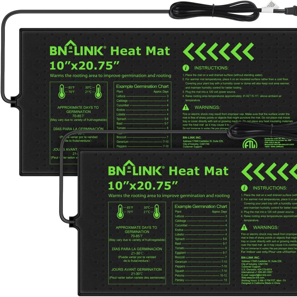 Bn-Link Durable Seedling Heat Mat for Seed Starting 10" X 20.75", 2 Pack Waterproof Warming Mat Plant Heating Pad for Seed Germination, Indoor Growing, Hydroponic, Greenhouse, Etl Listed