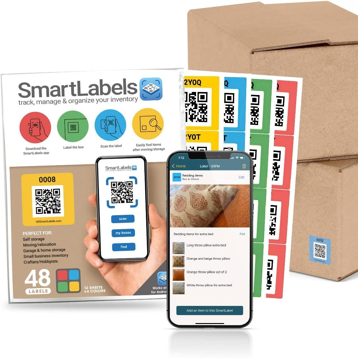 Smart Labels Qr Code Stickers Pack of 48 (original) Made in Usa - Qr Code Labels for Storage & Inventory Tracking, Storage Unit Organization, App Stickers for Inventory Organization & Moving Supplies
