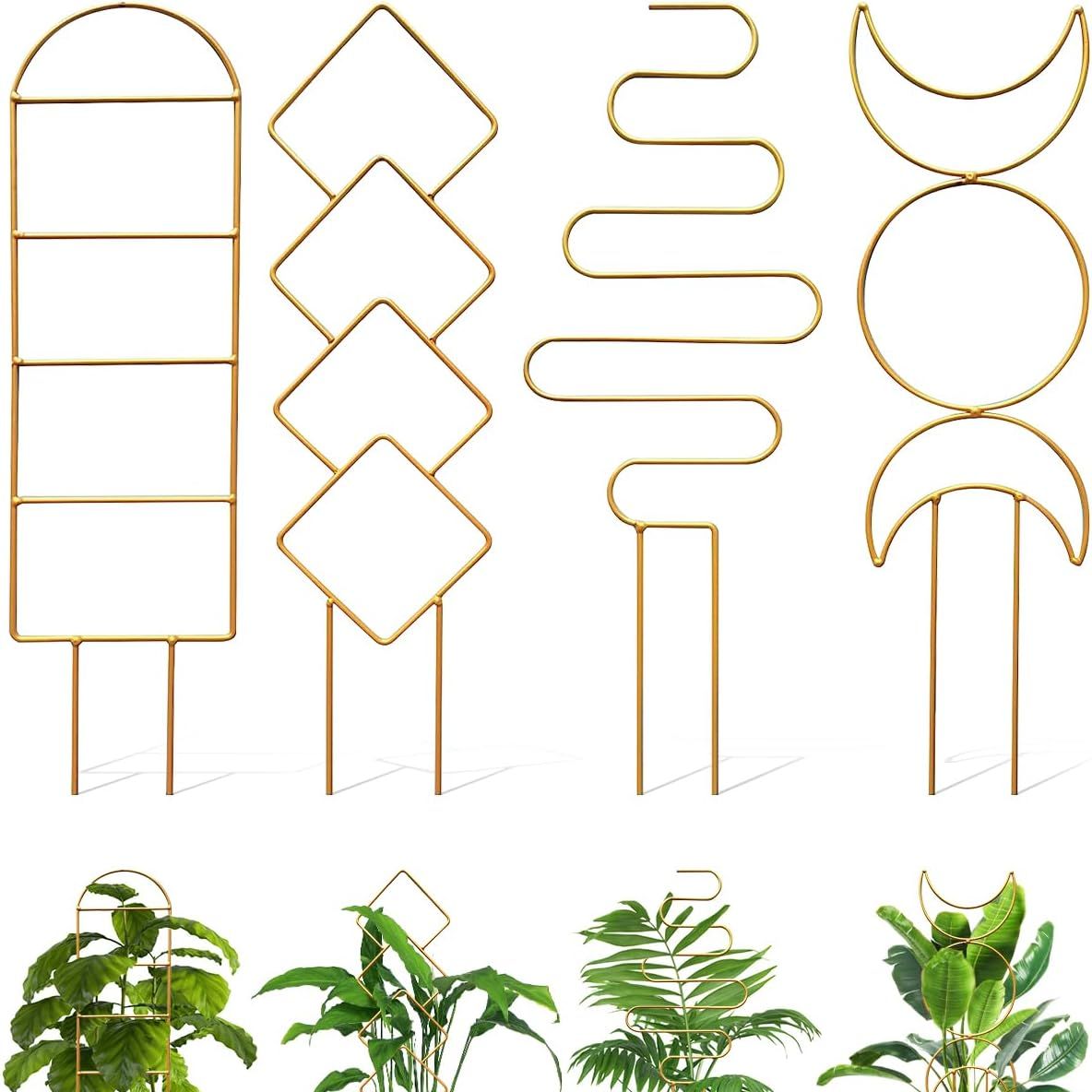 4 Pack Indoor Climbing Plant Trellis, Small Trellis for Potted Plants Outdoor, Metal Garden Trellis Plant Support Trellis With Different Patterns for Vine Ivy Flower (golden)