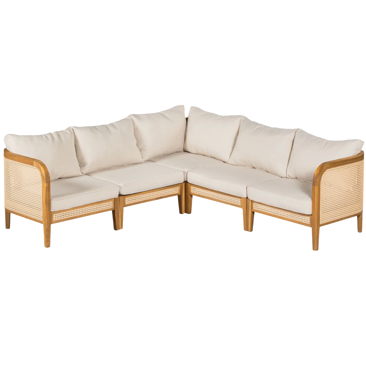 Wood and cane v-shaped sectional outdoor sofa with cream cushions