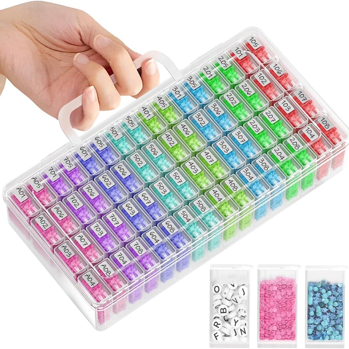 Artdot 64 Jars Storage Containers for Diamond Art Kits for Adults, Portable Storage Organizer With Sticker Labels for Diamond Painting Accessories and Tools