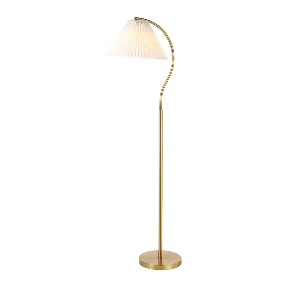 Jonathan Y Devon 60.5u0026#34; Modern Glam Metal Arc Floor Lamp With Pleated Shade Brass Gold/white: Single Bulb, Empire Shape