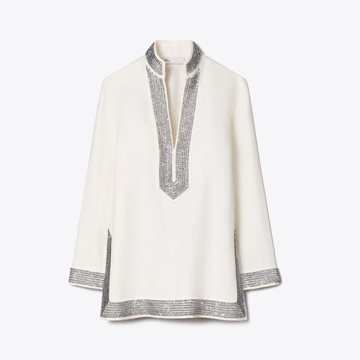 Embellished Linen Tunic in Ivory, Size L