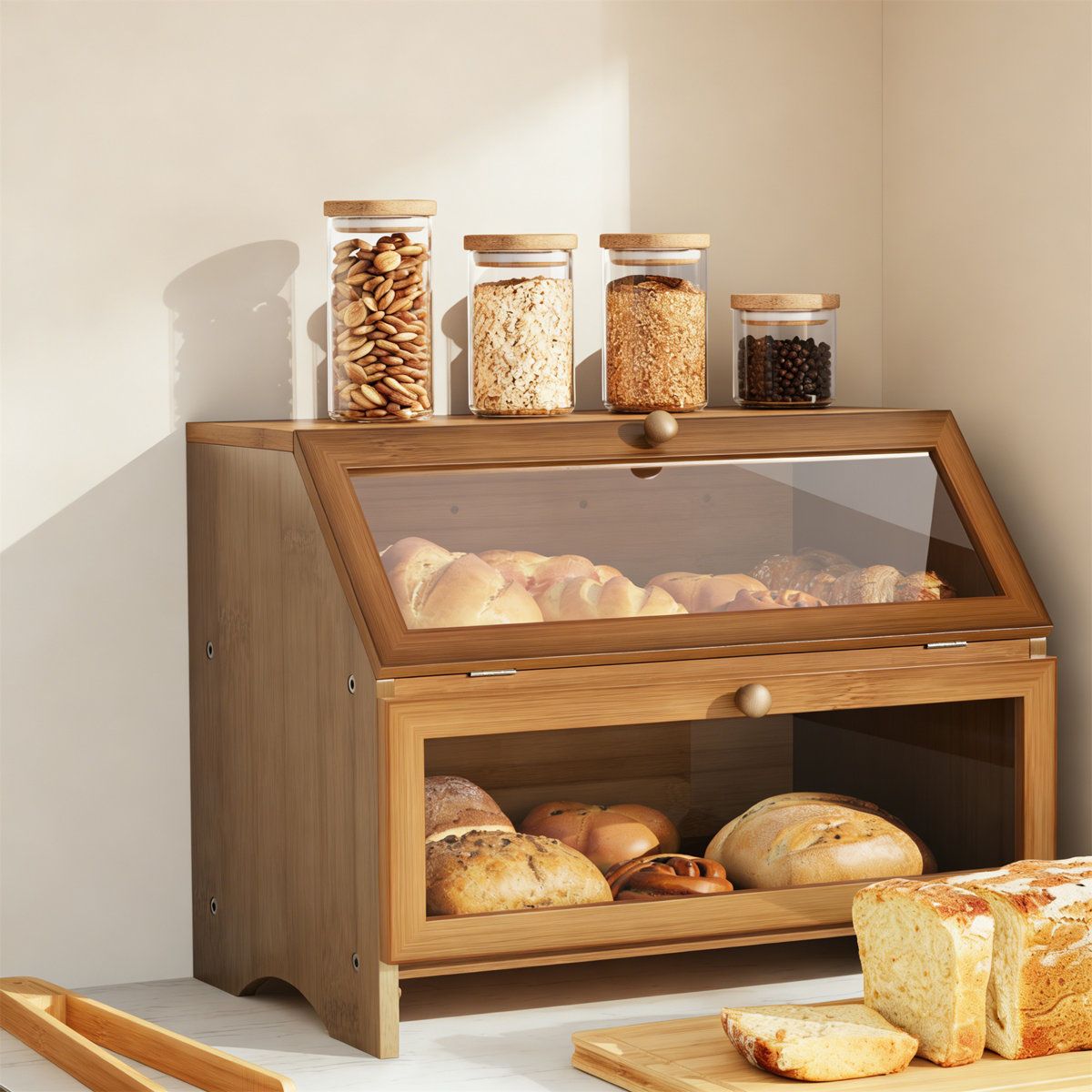 Lily Manor Bamboo 2-Layer Large Bread Bin, Kitchen Storage Box With Cutting Board &amp;amp; Bread Tong, Food Container With Clear Window | Wayfair.co.uk