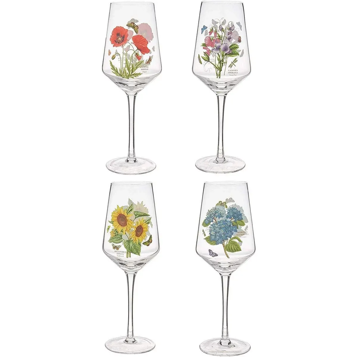 Portmeirion Botanic Garden 16oz Stemmed Wine Glass (set of 4) - Assorted Floral Motifs - Elegant Glassware for Weddings, Home Bars, Special Events