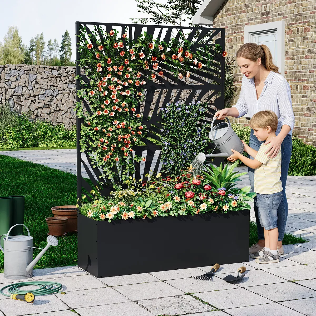 Metal Raised Garden Planter Box With Leaf Pattern Trellis Privacy Screen, Mobile Planter Bed With 360&amp;deg; Lockable Caster Wheels, 300 Lbs
