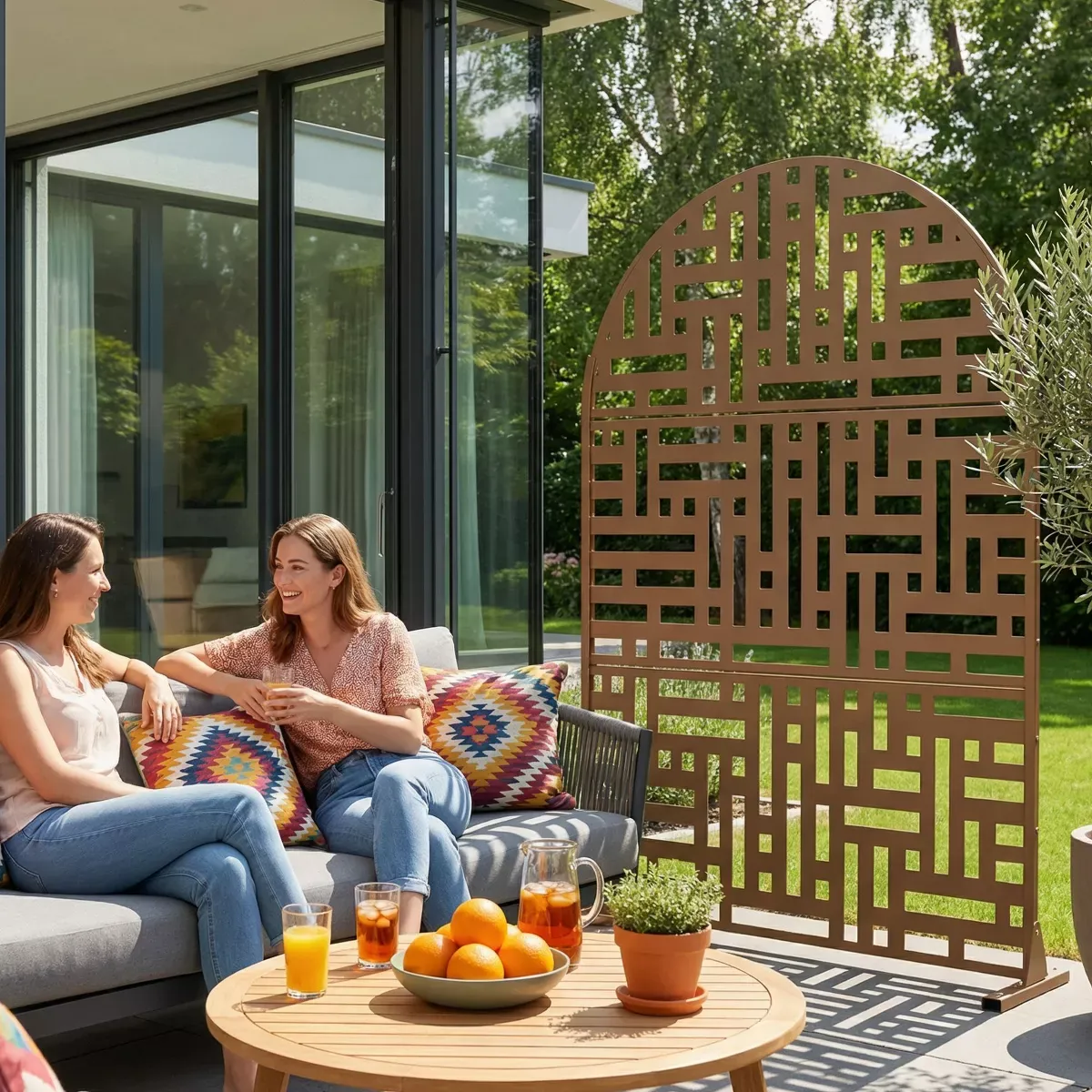 Pexfix 72" Hx47" W Arch Urban Maze Geometric Cutout Galvanized Steel Freestanding Privacy Screen for Outdoor Garden Patio Lawn Courtyard