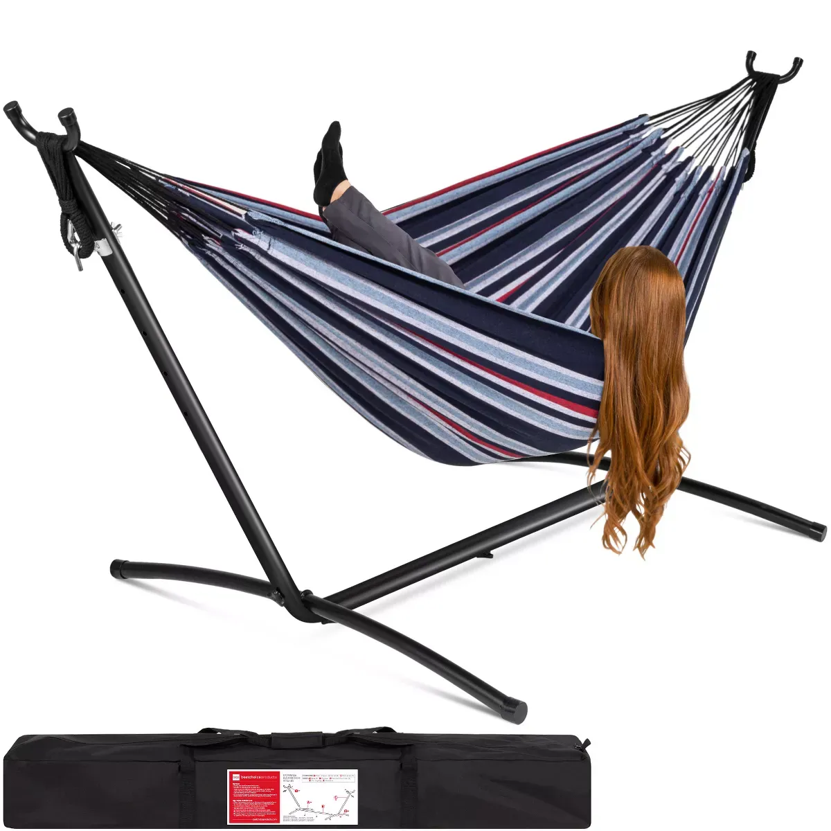 Best Choice Products 2-Person Brazilian-Style Cotton Double Hammock With Stand Set W/ Carrying Bag - Abyss