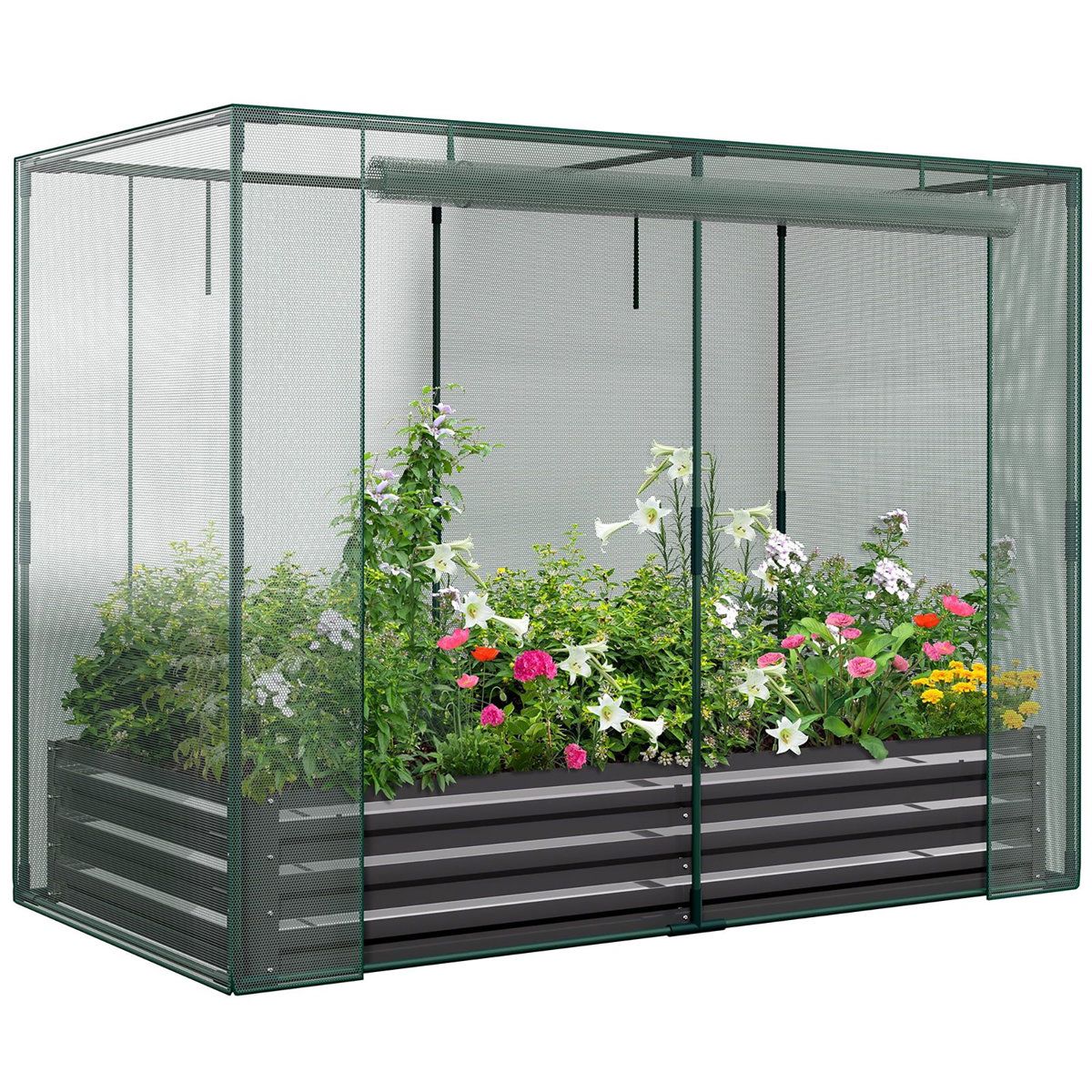 Arlmont &amp;amp; Co. Galvanized Raised Garden Bed Kit W/crop Cage Anti-Bird Netting Mesh Cover, 71" X 35.4" X 59" Large Metal Outdoor Planter Garden Boxes W/ 2 Roll-Up Zippered Doors &amp;amp; Reviews | Wayfair