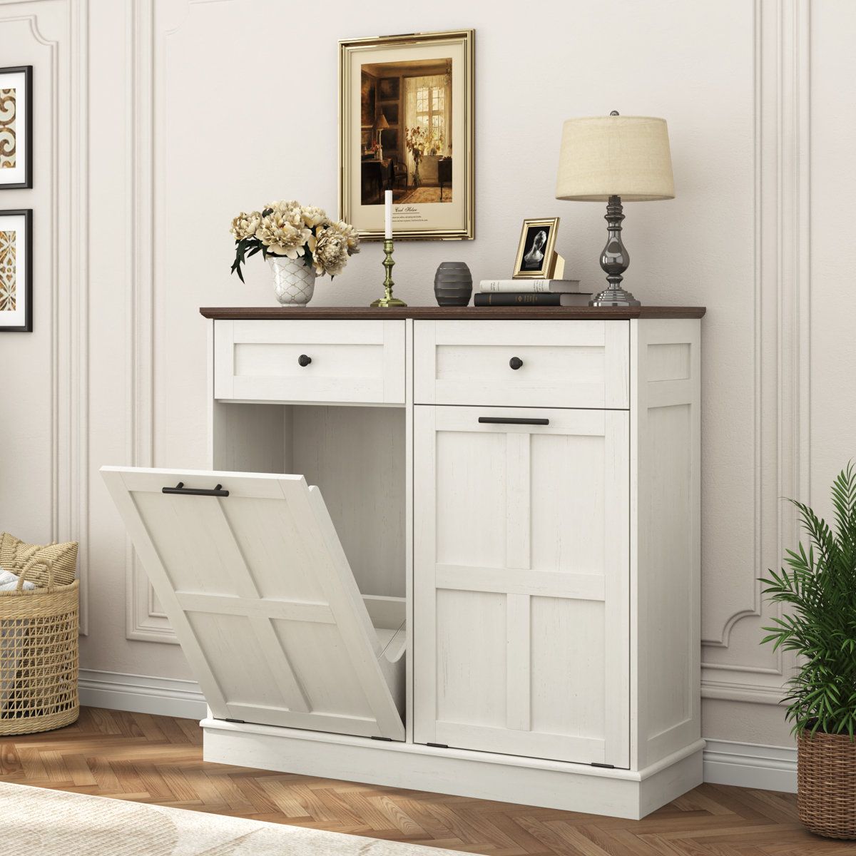 Fidget Dice Double Tilt Out Trash Cabinet 26 Gallons Wodden Freestanding Kitchen Trash Bin Cabinet (not Include Trash Can) With Drawer for Kitchen Living Room &amp;amp; Reviews | Wayfair