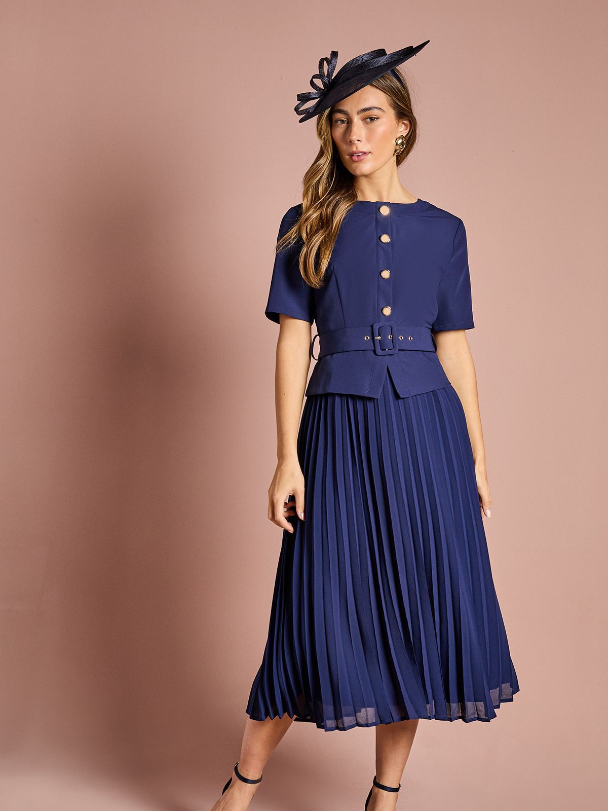 Short Sleeve Button Down Pleated Skirt Midi Dress