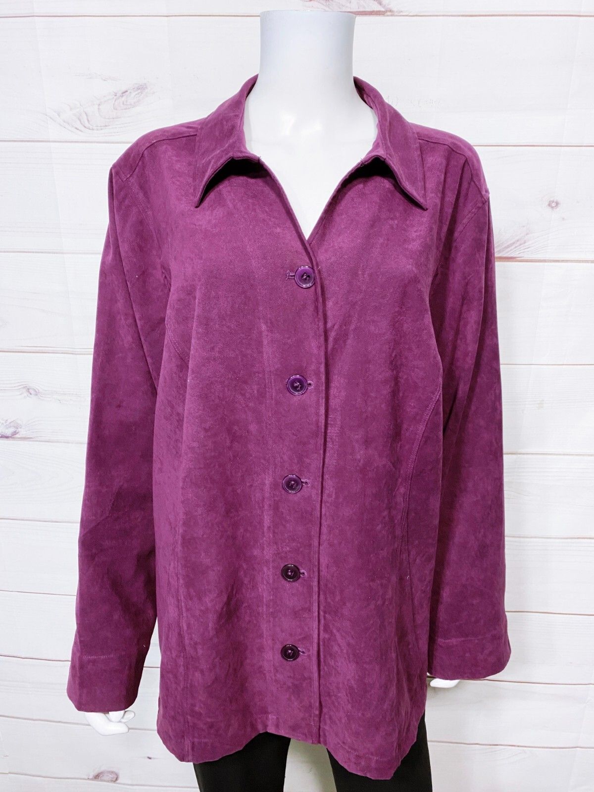Cj Banks Womens Faux Suede Shirt Jacket Size 3x Purple Button Up Long Sleeve Top
