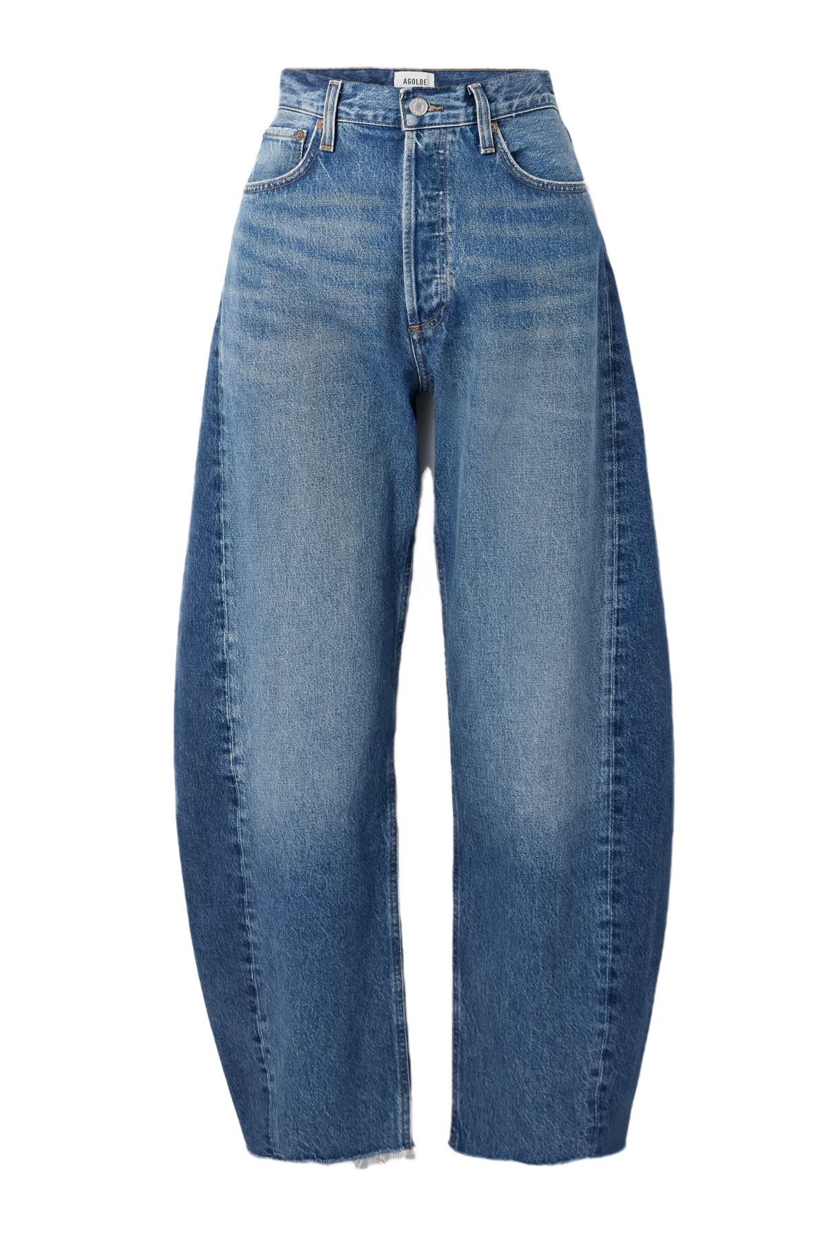 Luna Frayed High-Rise Barrel-Leg Jeans Agolde