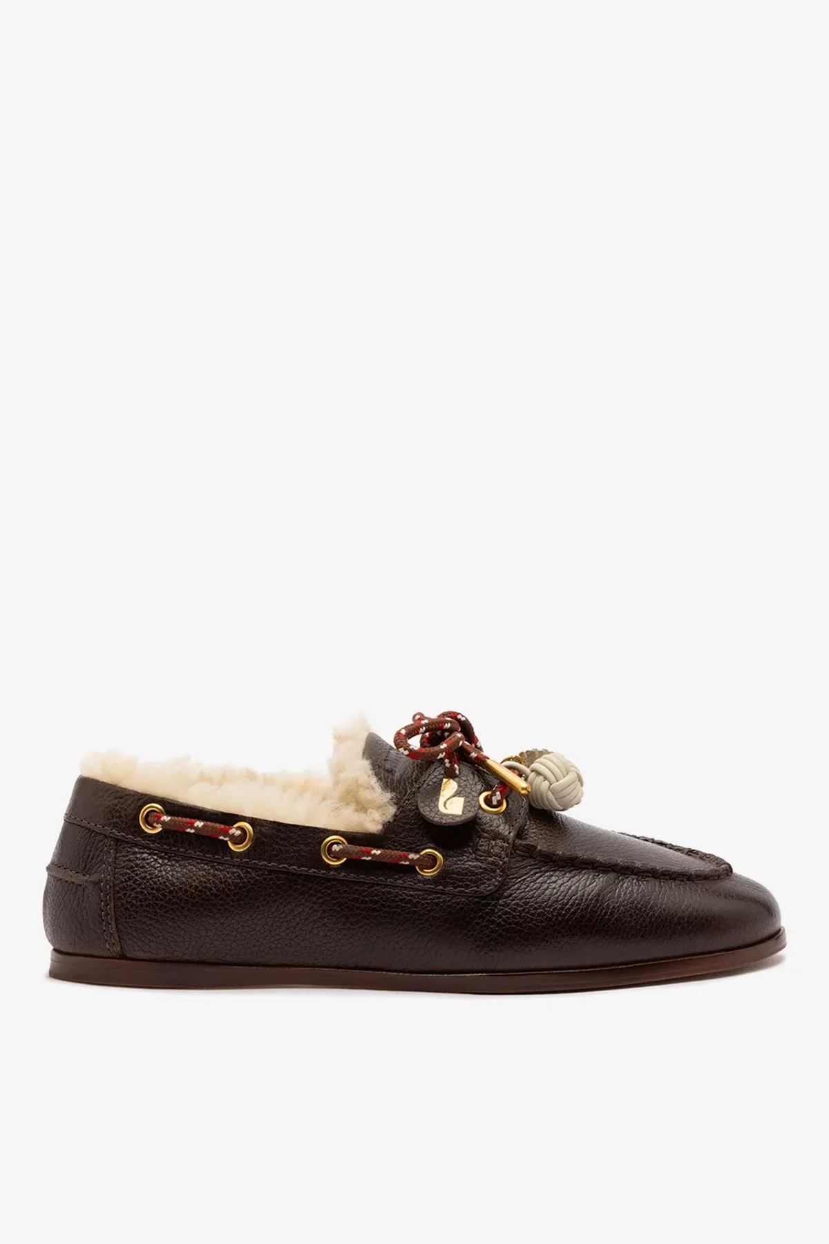 Larroud&amp;eacute;, Cyprus Boat Shoe in Brown Leather and Natural Shearling