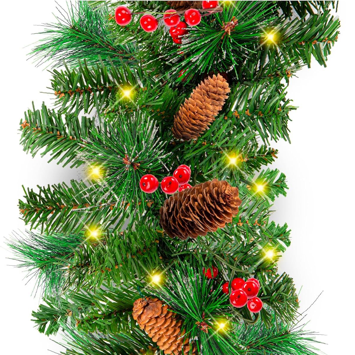 Best Choice Products 9ft Pre-Lit Holiday Pre-Decorated Christmas Garland for Stairs, Fireplace, Decoration W/pvc Tips, 50 Lights, Pine Cones, Berries - Unflocked