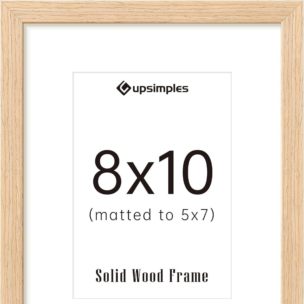 Upsimples 8x10 Picture Frame, Natural Solid Wooden Picture Frames, Display 5x7 With Mat or 8 X 10 Without Mat, Wall or Tabletop, 1 Pack, Natural