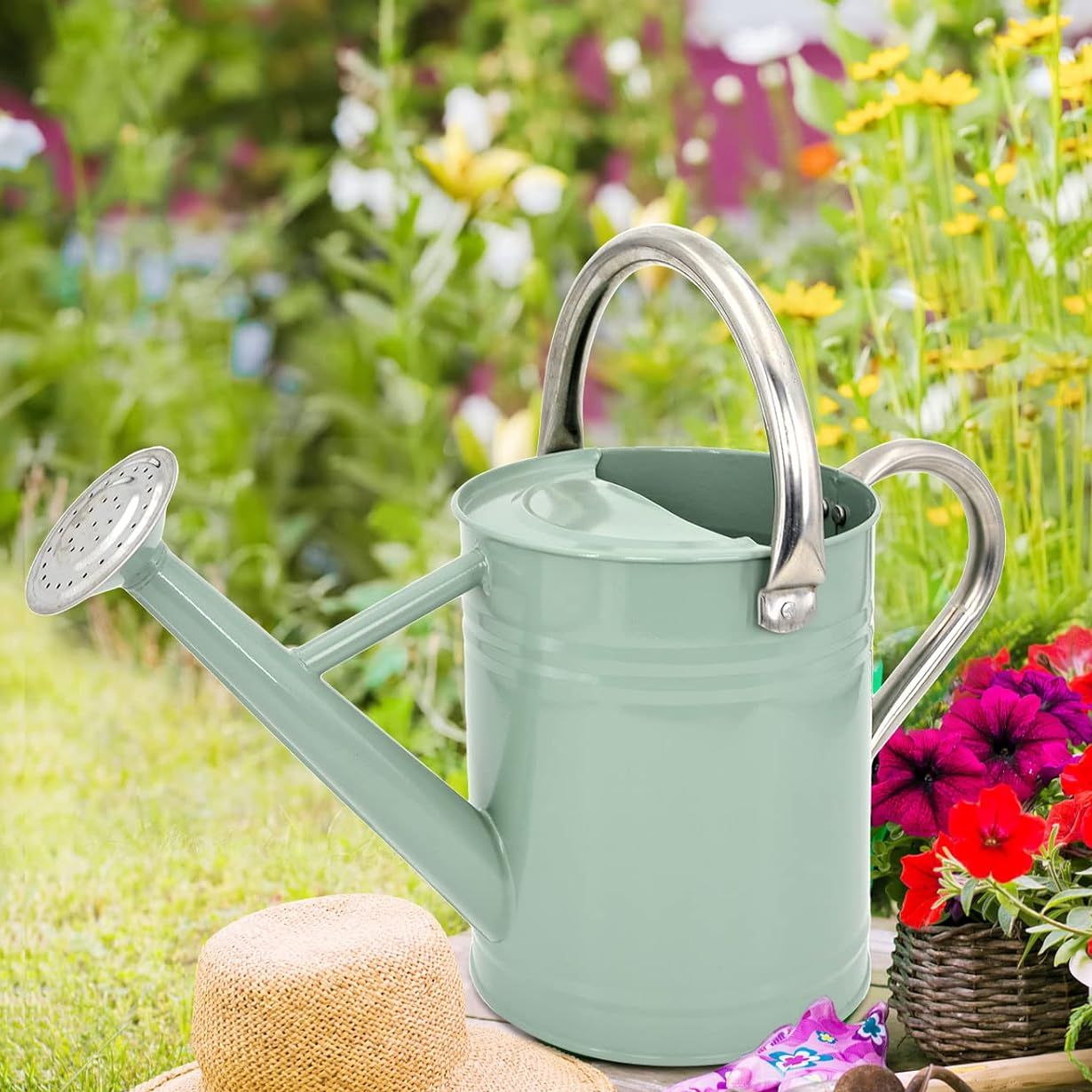 Lechloris Metal Watering Can for Outdoor Plants, Galvanized Steel Watering Can With Removable Spout, 1 Gallon,perfect Home &amp;amp; Garden D&amp;eacute;cor Cream Green