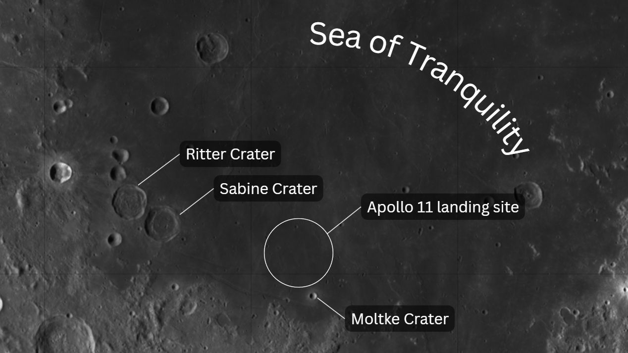 A satellite image of the Sea of Tranquility on the moon's surface, showing prominent craters along with the Apollo 11 landing zone.