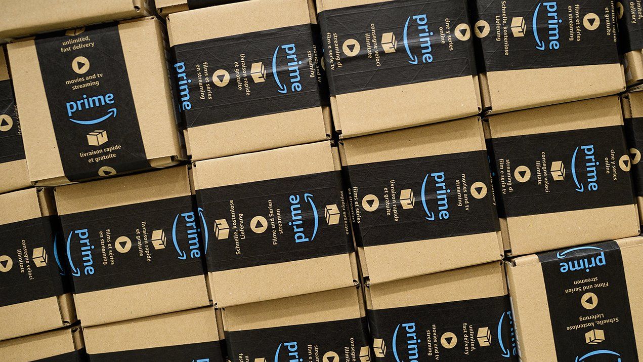PETERBOROUGH, ENGLAND - NOVEMBER 15: A close-up of a packaged Amazon Prime item in the Amazon Fulfilment centre on November 15, 2017 in Peterborough, England. A report in the US has suggested that o