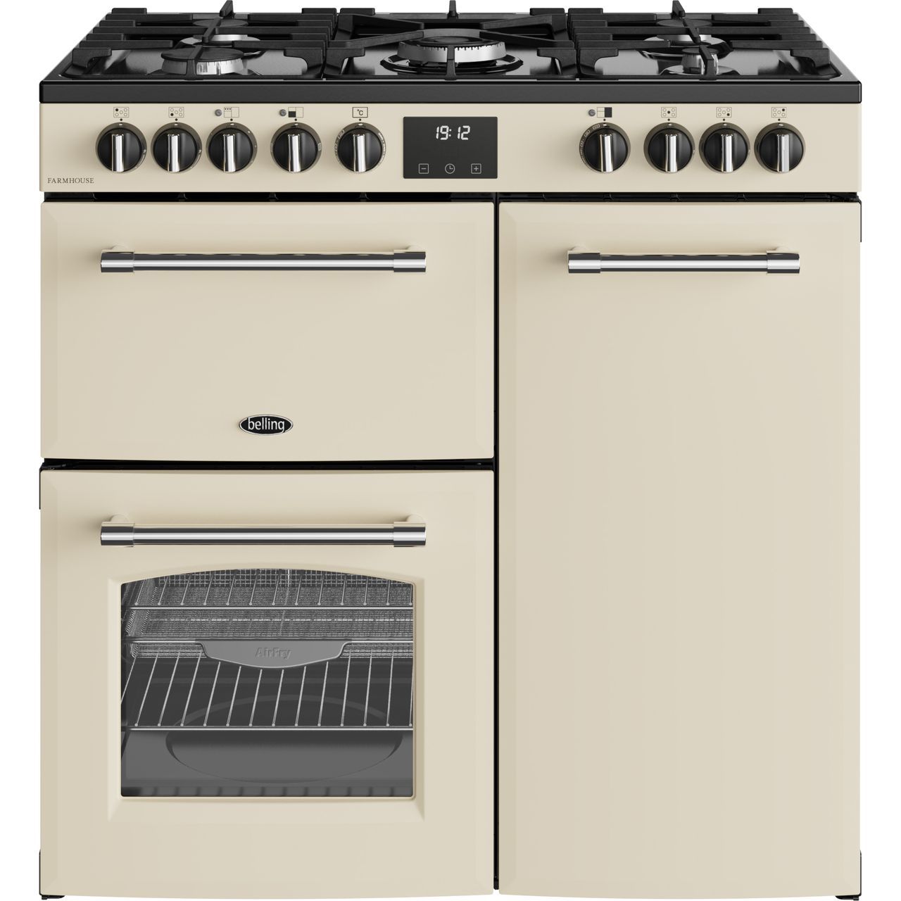 Belling Farmhouse 90df 90cm Wide Dual Fuel Range Cooker With Gas Hob - Cream - A/a Rated