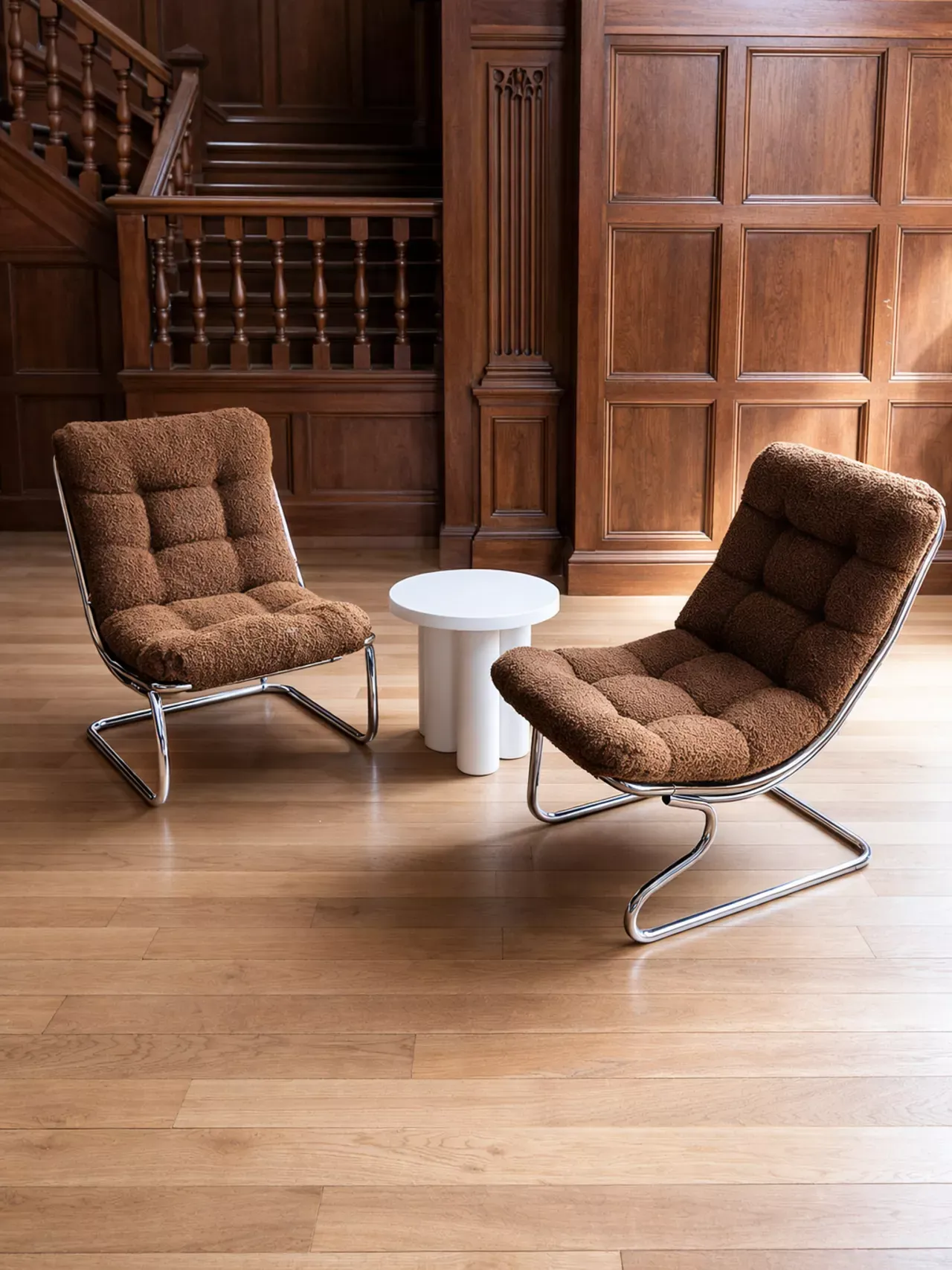 Bidspotter, 1970s-Style Chrome and Boucl&amp;eacute; Sling Chair, Set of 2