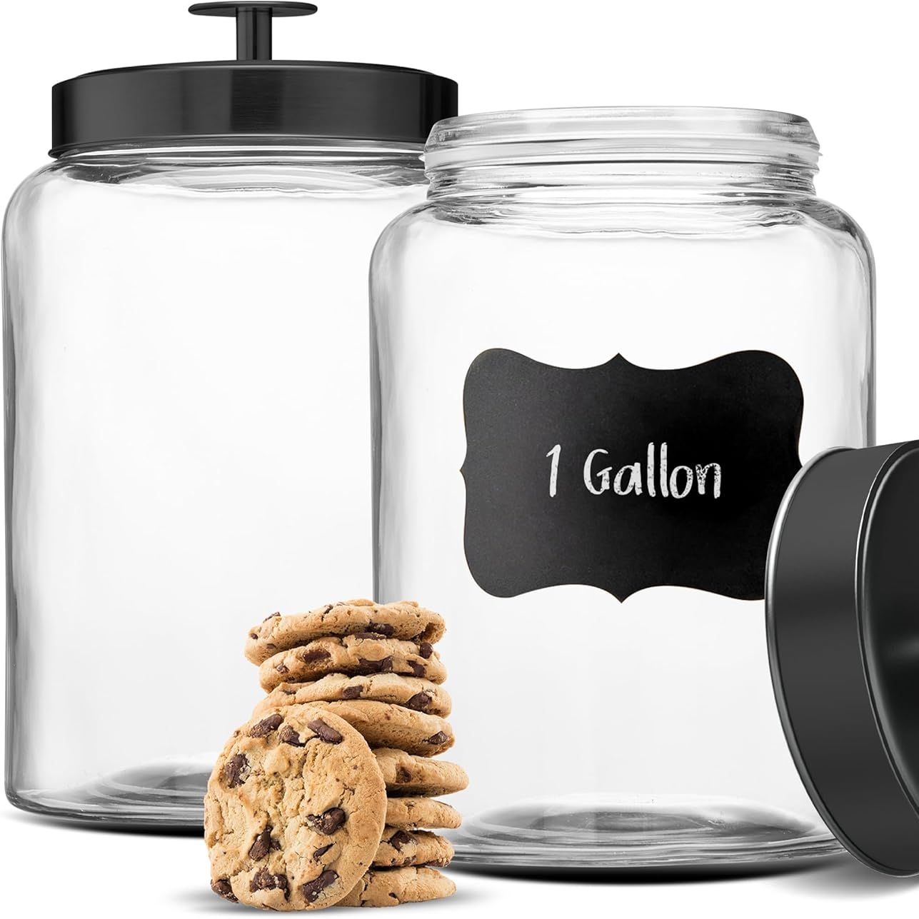Kook Glass Storage Containers With Lids, Glass Jar With Lid, 1 Gallon, Set of 2, Glass Canister, Storage, Laundry, Kitchen Jar, (circular, Black)