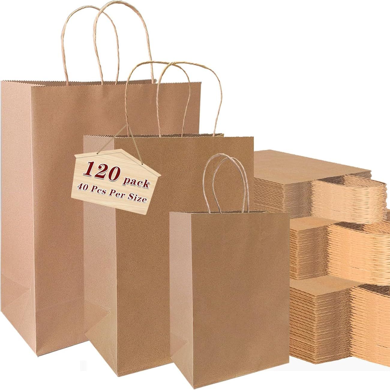 Vanhel 120 Pack Kraft Paper Bags With Handles,assorted Sizes Gift Bags Bulk Kraft Paper Bags, Weeding,birthday, Favor,party,retail Merchandise Bags&amp;hellip;, Brown