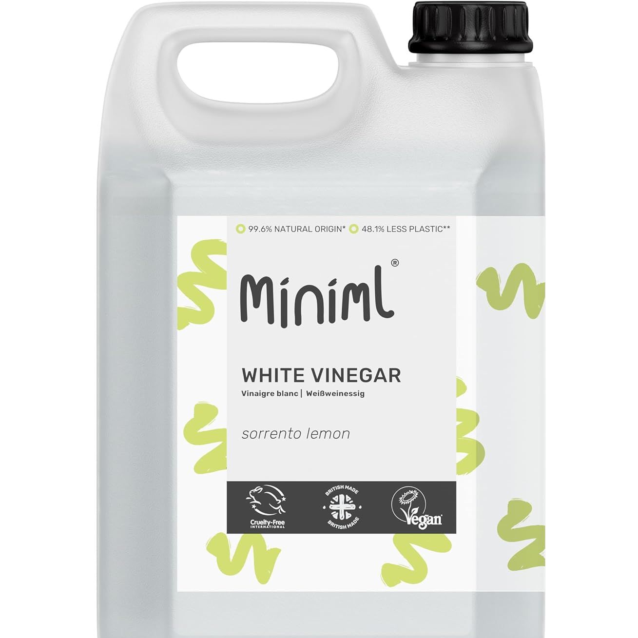 Miniml Eco White Vinegar Cleaning Sorrento Lemon Scented - All Natural Multi-Surface &amp;amp; Multi-Purpose Cleaner, Limescale Remover, Laundry Softener &amp;amp; More - 100% Vegan &amp;amp; Cruelty Free (5l (pack of 1))