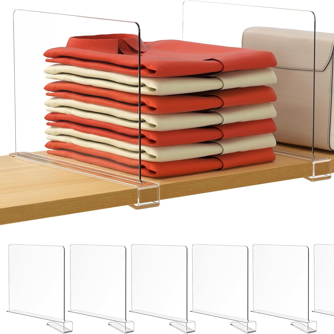 Hblife 6 Pack Closet Organizers and Storage, Clear Shelf Dividers, Vertical Purse Organizer for Closet Perfect for Sweater, Shirts, Handbags in Bedroom and Kitchen, Acrylic Bookshelf for Organization