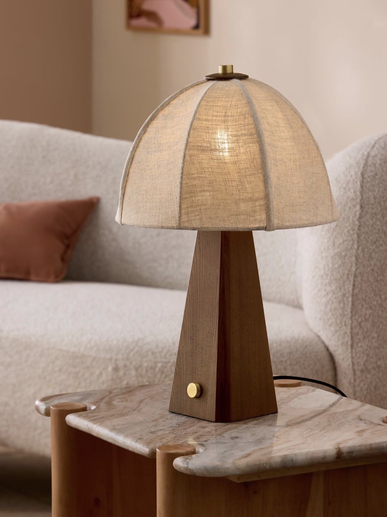 Benny table lamp with wood geometric base and curved linen shade