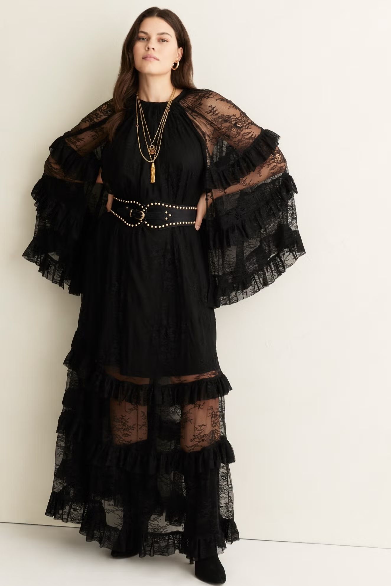 June &amp;amp; Vie Tiered Lace Cape Maxi Dress