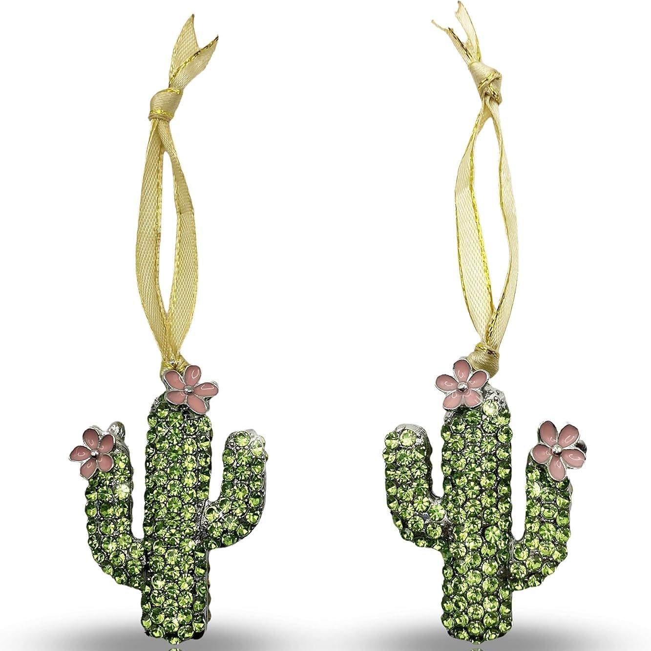 Saguaro Cactus Pink Flowers and Green Rhinestone Crystal Holiday Ornament