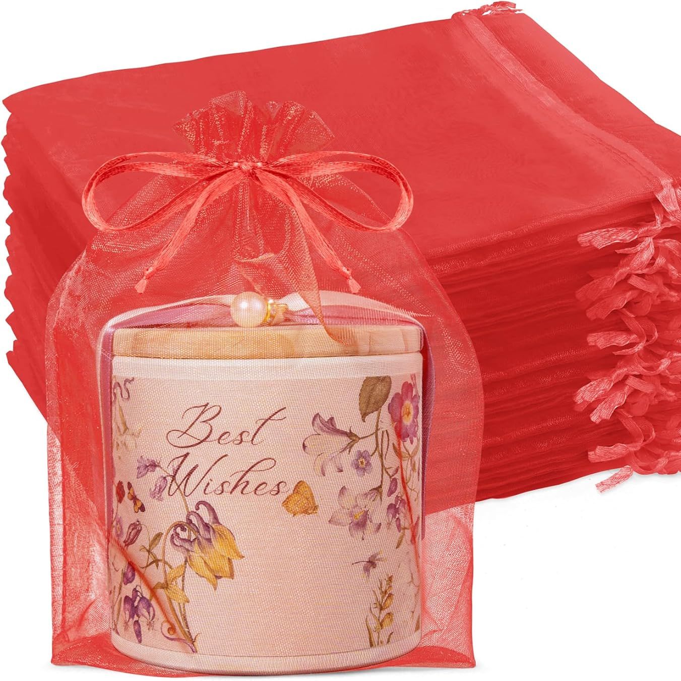 Crweety 50 Pcs Red Organza Bags 6x9 Inches, Large Mesh Gift Bags Drawstring, Jewelry Treat Mesh Bag Drawstring for Wedding Party Favors Baby Shower Christmas