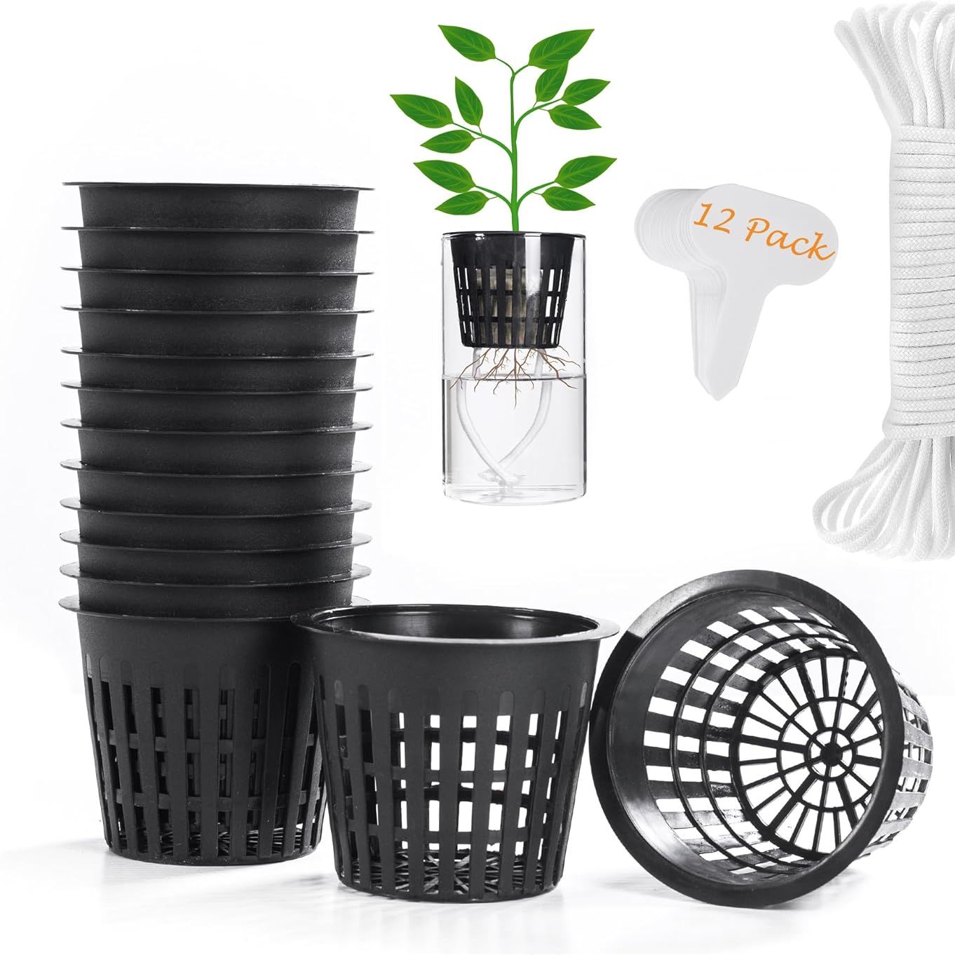 Orimerc 12 Pack 3 Inch Net Cups Pots With 12 Feet Hydroponics Self Watering Wick &amp;amp; 12 Plant Labels Aquaponics Mason Jar Bucket Insert Orchid Kratky Vegetable Garden Growing Netted Basket Slotted Mesh
