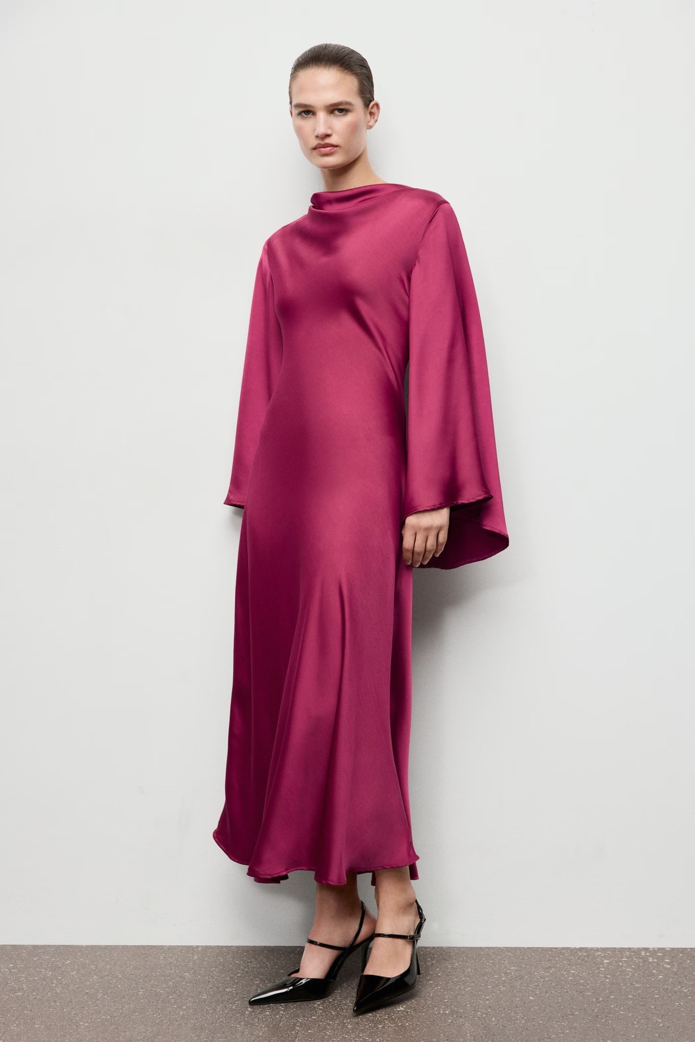 Mango Flared-Sleeve Satin Dress