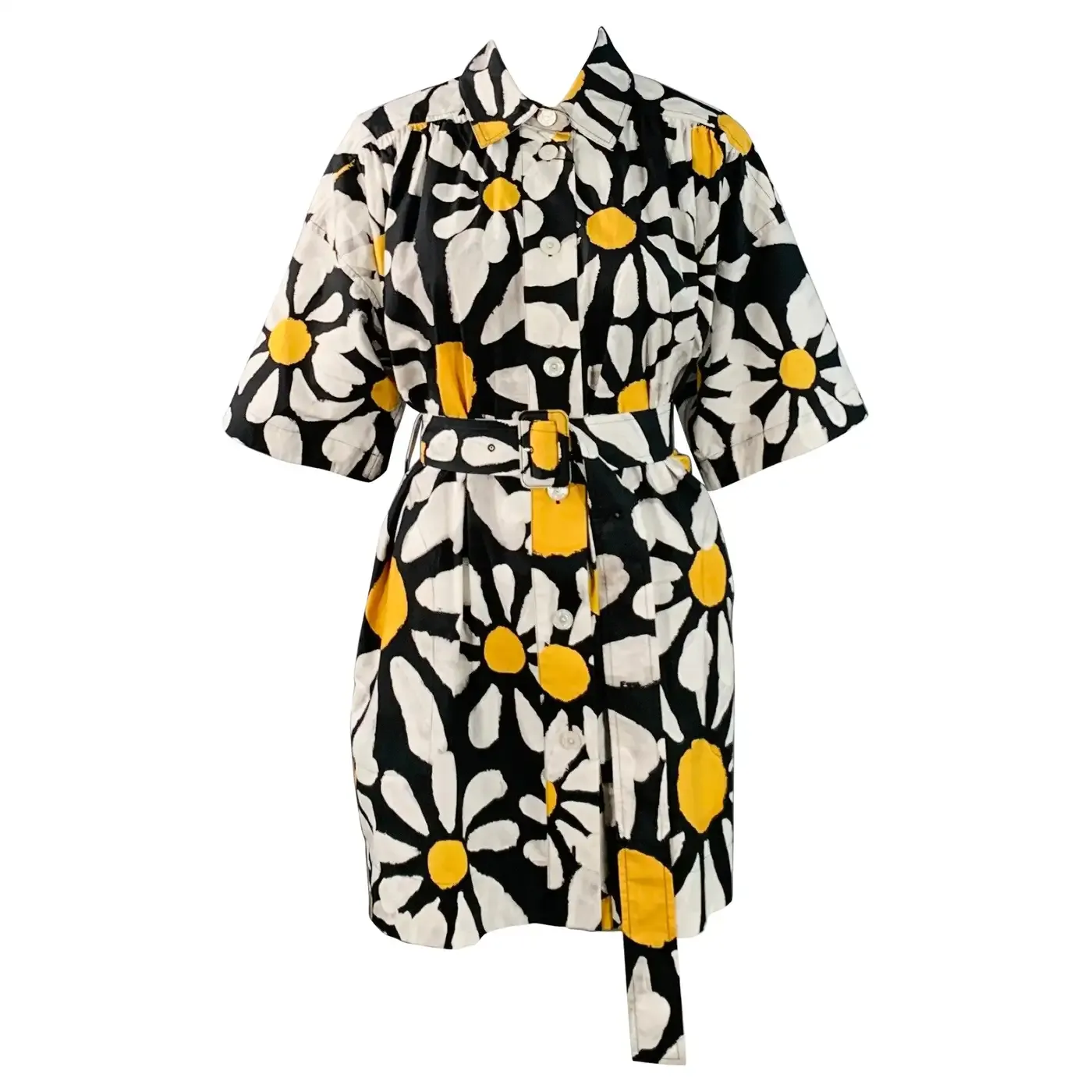 Marni, Size 2 Euphoria Black White Yellow Poplin Floral Pockets Belted Mini Shirt Dress