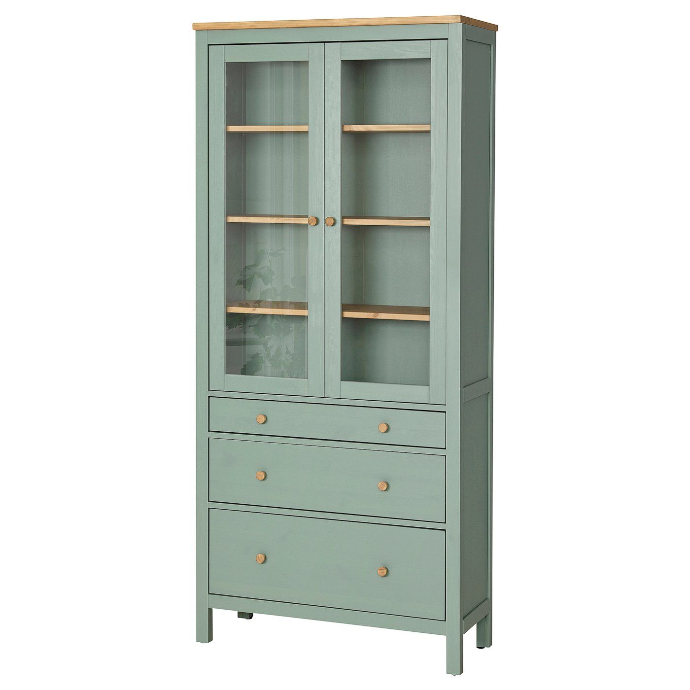 Hemnes Glass-Door Cabinet With 3 Drawers - Gray-Green/light Brown Stained 35 3/8x77 1/2 "
