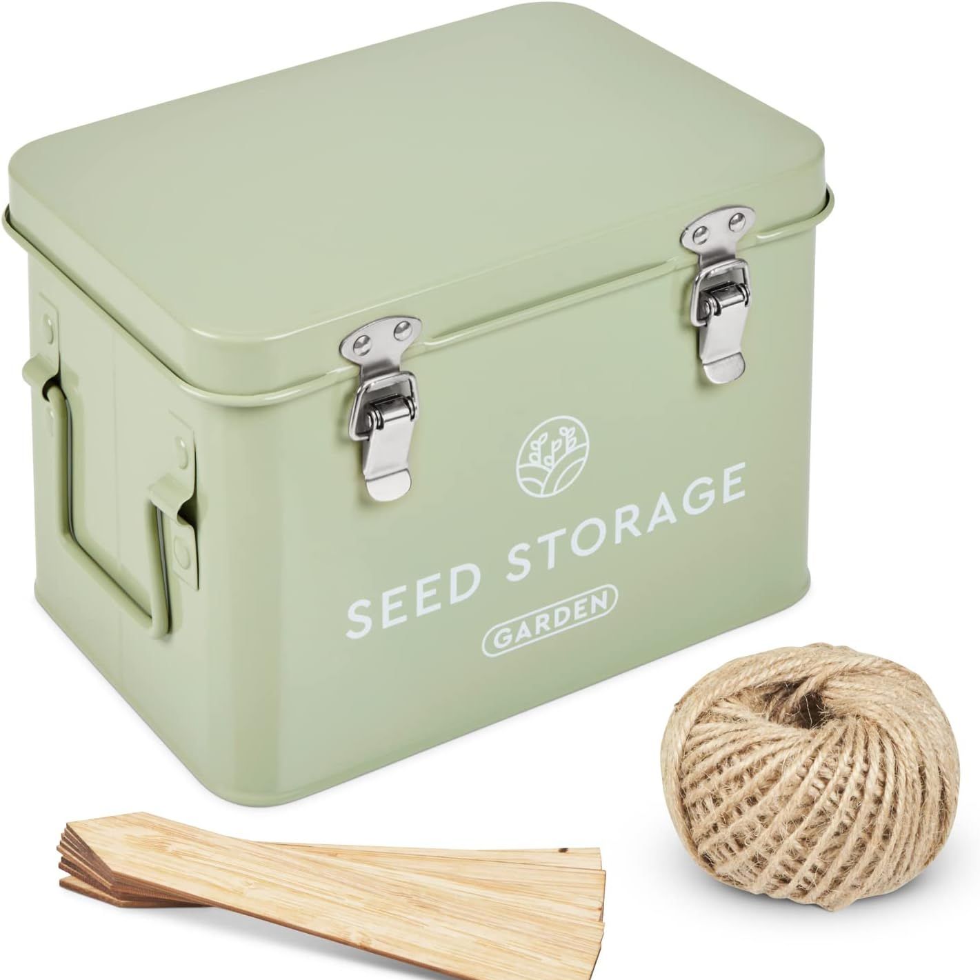 Seed Storage Box &amp;ndash; Metal Seed Packet Organizer With Garden String and Bamboo Plant Labels. Seed Container Storage Delivering Complete Seed Saving Organization for Every Garden Lover.