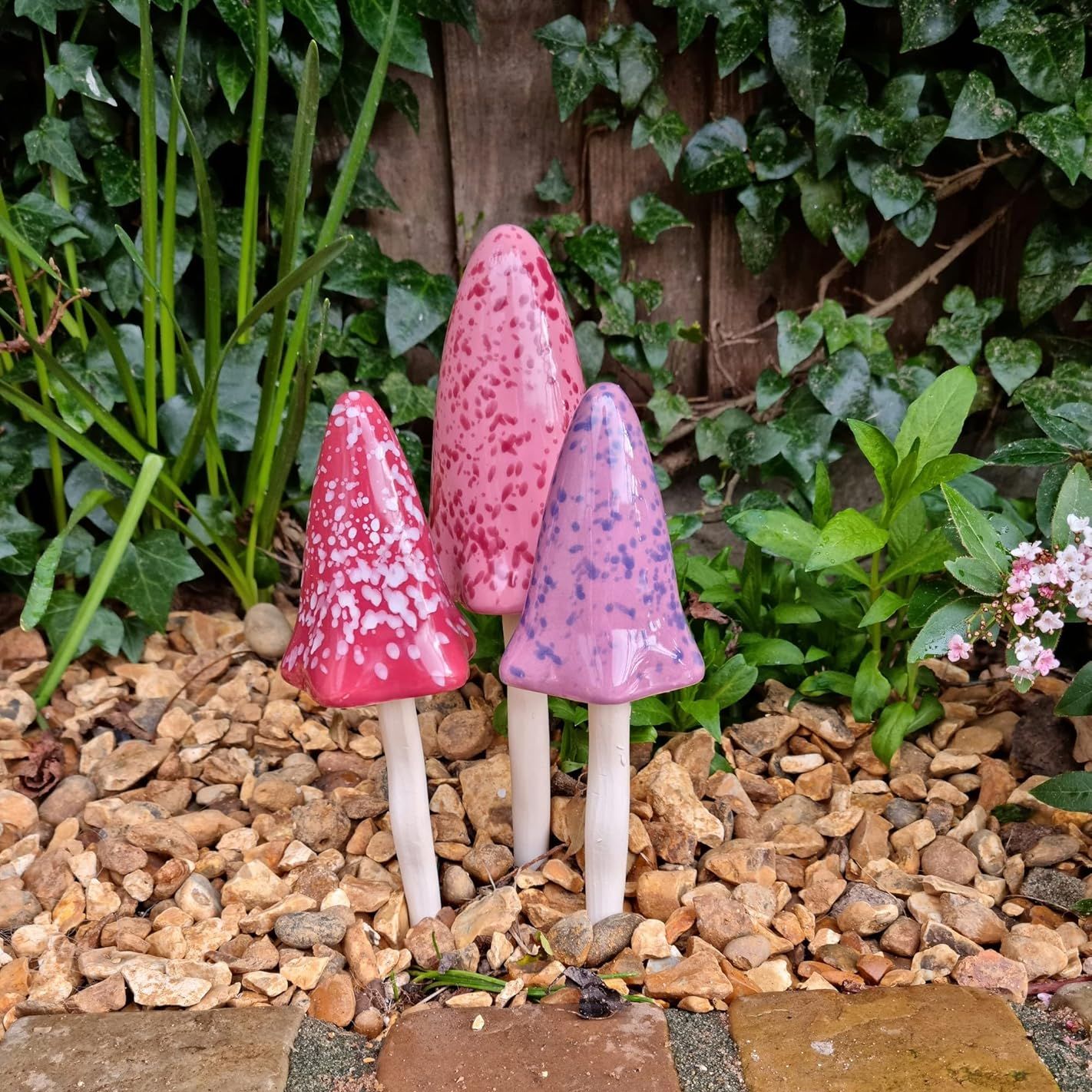 Hh Home Hut Tinkling Ceramic Toadstools - Colourful Garden Ornaments, Mushrooms Plant Pot Set of 3 Outdoor Decor, Kids Gardening Set Fairy Garden Large Accessory (sage, Red, Green)