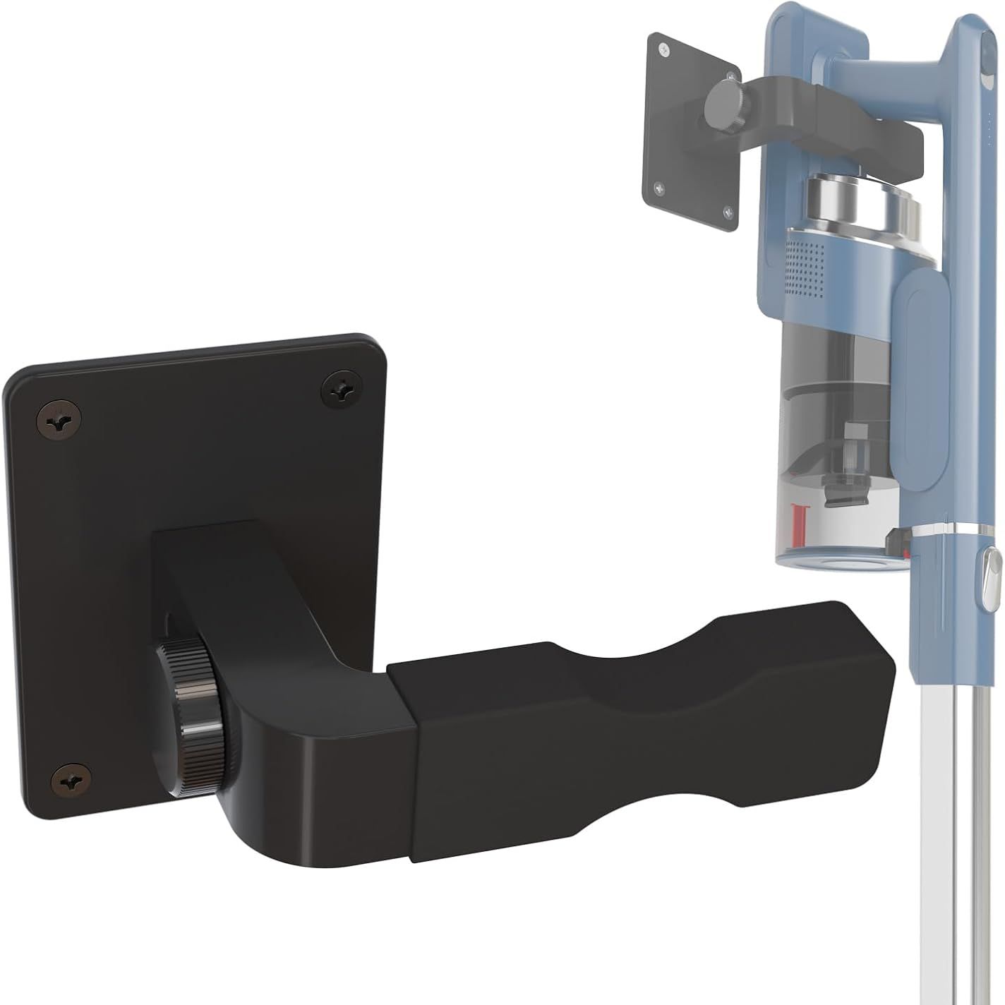 Liboer Adjustable Vacuum Wall Mount next to graphic of mounted cordless vacuum against white background.