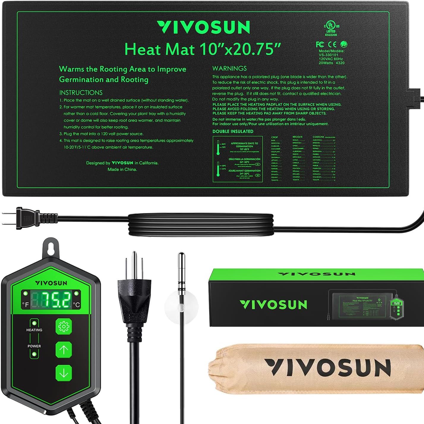 Vivosun 10&quot;x 20.75&quot; Seedling Heat Mat and Digital Thermostat Combo Set, Ul &amp;amp; Met-Certified Warm Hydroponic Heating Pad for Germination, Indoor Gardening, Greenhouse